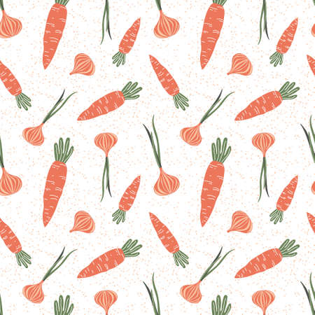 Carrots and onions. Vegetable seamless modern pattern. Print on fabric, decorative pillows, kitchen textiles.の写真素材