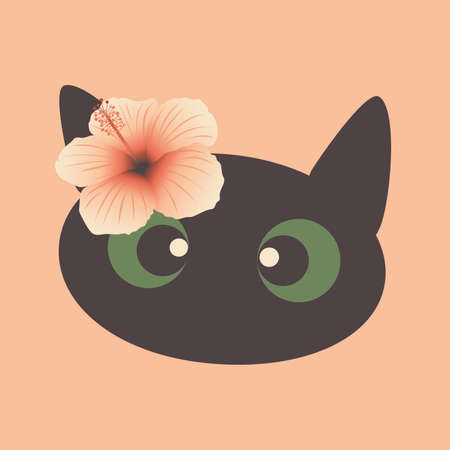 Cute black cat on a pink pastel background. On the head of the pet is a delicate exotic hibiscus flower. Print for T-shirts, decorative pillows.の写真素材