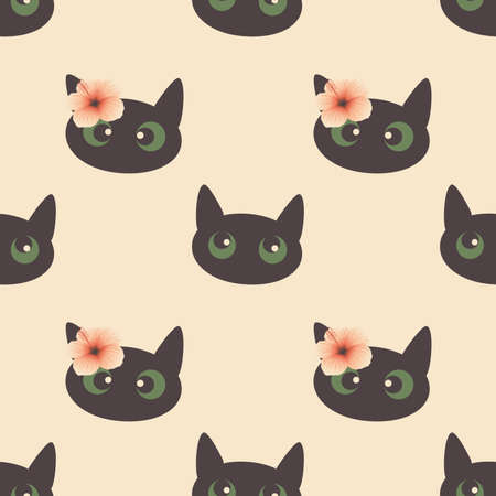 Cute black cat on a pink background of pastel colors. Seamless pattern with pets. Print for fabrics, decorative pillows.の写真素材