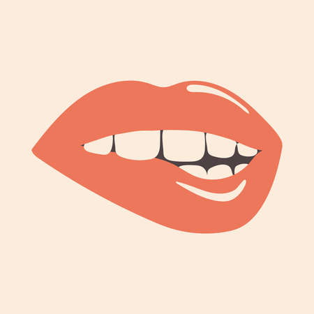 Women's lips are sexy with red lipstick with white teeth. Flirtatious mouth of a girl on a pink background. Print for T-shirts, decorative pillows.の写真素材