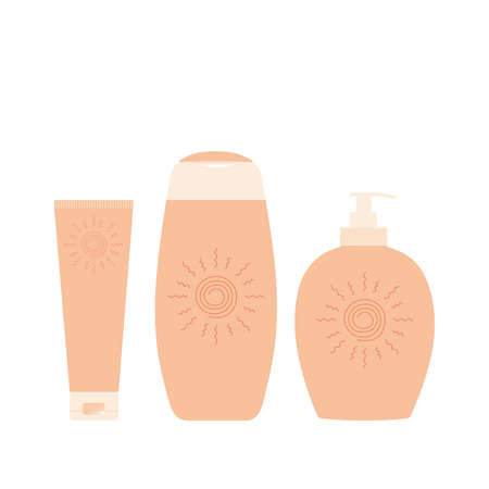 Cosmetic bottles with sunscreen and lotion. Liquid body products before and after tanning isolated...