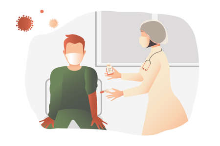 The doctor is holding a bottle with the  vaccine and a syringe with a dose in his hands, planning to give the young guy an injection.の写真素材