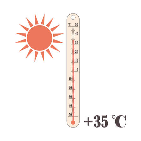 High temperatures in hot summers. Sun and street thermometer isolated on white background. Weather...