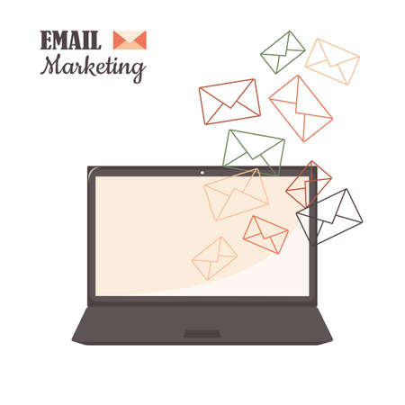 Email marketing in laptops and computers. Modern design. The envelopes are flying and drawn with a colored thin outline. Vector.のイラスト素材