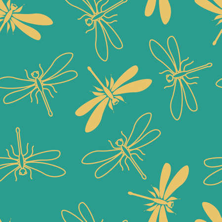 Yellow dragonflies on a blue background. Seamless modern insect pattern for trendy fabrics, textiles, decorative pillows.の写真素材