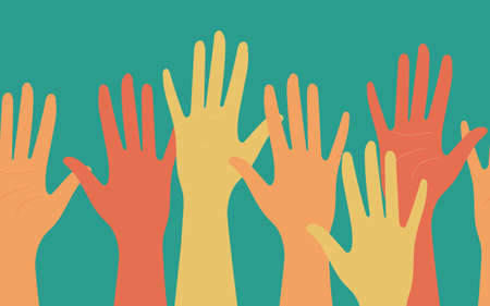 Hands of people with different skin colors, different nationalities and religions. Activists,...