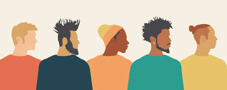 Postcard template with men of different nationalities and religions. Silhouettes of young modern guys. LGBT community.の写真素材