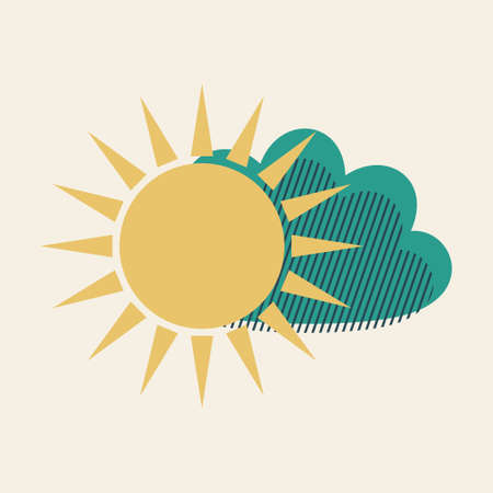 Yellow sun and blue cloud. Illustration with decorative lines. Cute print of weather on a white background.の写真素材