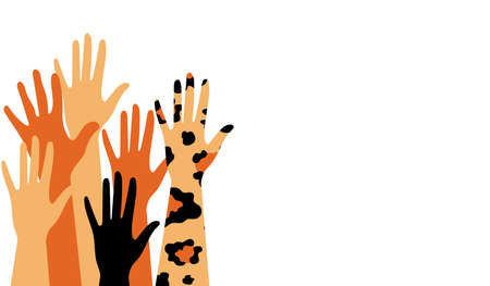 Spotted hands of people in the crowd on a white background. Trendy leopard print. Activists, feminists and other communities are fighting for equality.の写真素材