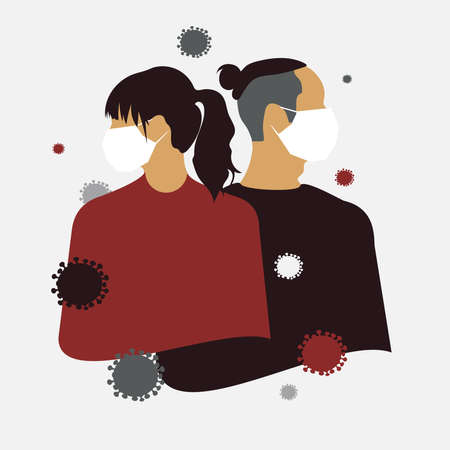 Banner with a man and a woman wearing medical masks to avoid breathing polluted air. Coronavirus quarantine concept. People experience fear and anxiety.の写真素材