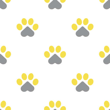 Paws of a cat, dog or puppy on a white background. Seamless cute pattern for fabrics, decorative pillows. For pet shops and veterinary clinics. The trend colors of 2021 are yellow and gray.の写真素材