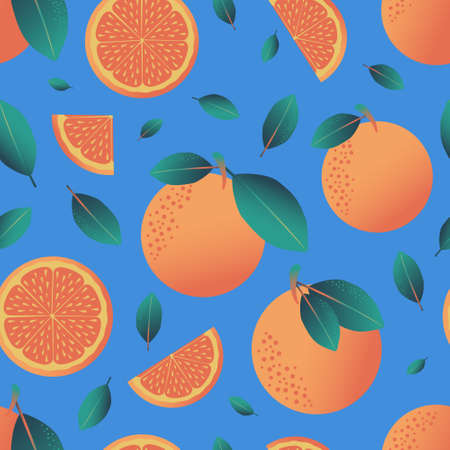 Ripe tropical oranges with leaves on a blue background. Seamless pattern for modern textiles and...