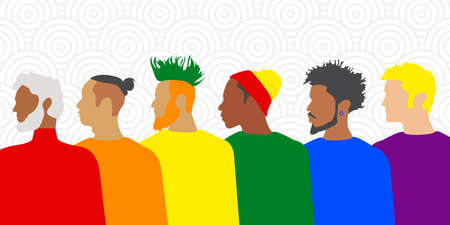 Diverse modern men of different nationalities and religions are fighting for their rights. LGBT Pride Month. Rainbow love concept. Human rights and tolerance.の写真素材