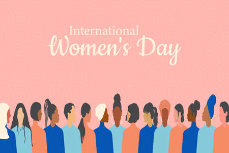 International Women's Day. Modern women of different nationalities and religions stick together. Postcard pink background.の写真素材