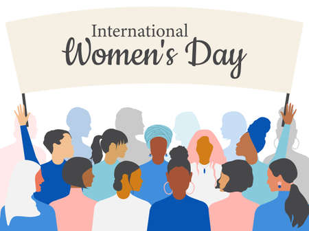 Poster with International Women's Day. Crowd of modern women of different nationalities and religions in flat design style.の写真素材