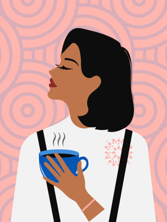 Stylish woman with long black hair and a cup of aromatic coffee is relaxed and enjoying life. Fashionable girl with a bracelet on her hand is engaged in mental health.の写真素材