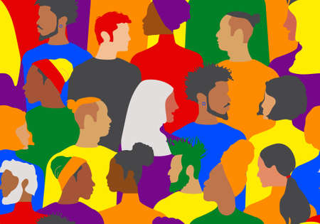 A variety of modern women and men of different nationalities and religions are painted in the colors of the rainbow. People seamless pattern. LGBT Pride Month.の写真素材