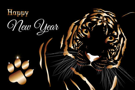 Happy New Year greeting horizontal card. Fragment of a striped cute tiger on a black background. The cat wishes happiness with its paw and looks intently into the eyes.の写真素材