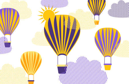 Beautiful multicolored balloons in the sky on a white background. Modern horizontal poster of the festival of balloons in the city. Purple and yellow.の写真素材
