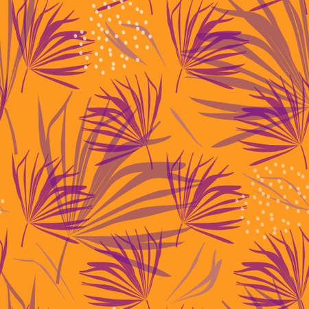 Tropical palm leaves. Seamless modern pattern with exotic plants for textiles and paper products. Orange and purple.の写真素材