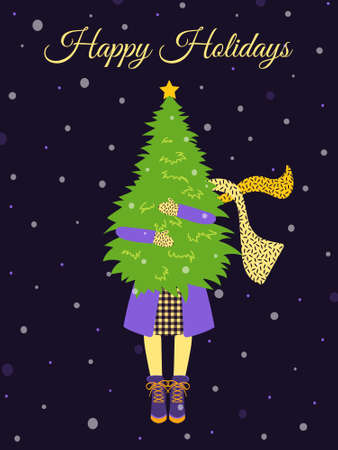 Happy Holidays. Postcard A girl in a coat and boots carries a Christmas tree in her hands. Festive modern poster for the New Year holidays on a purple background.の写真素材