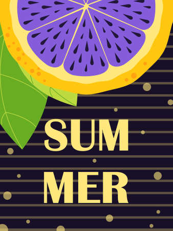 Summer. Yellow ripe lemon slice with green mint leaves on a dark purple background with stripes....