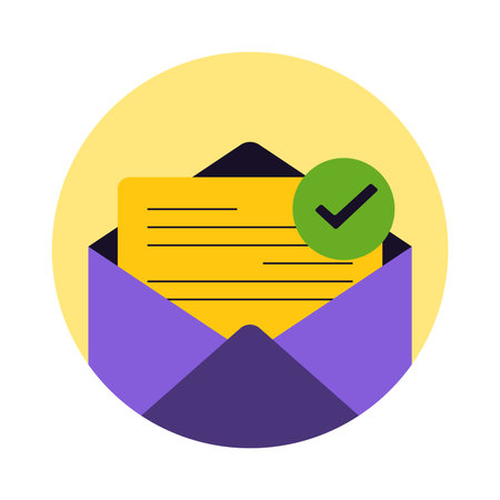 The icon of a read and verified letter in an email. Envelope with a document in a round frame. Modern flat design. Magenta and yellow.の写真素材