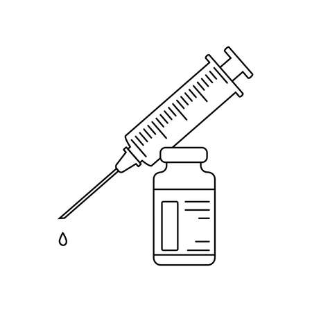 Vaccination linear icon. Syringe with a bottle. Immunization by injection. Medicines and pharmacy. Black outline symbol. Suitable for coloring.の写真素材
