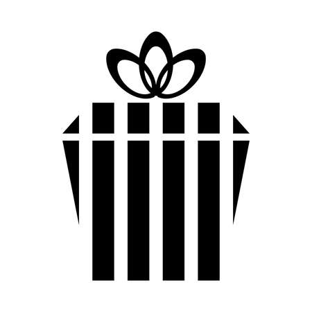 Gift in a box with black stripes with a bow on a white background in the shape of a trapezoid. Modern holiday icon.の写真素材