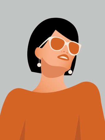 Stylish beautiful woman with black bob haircut in earrings and glasses. International womens day in retro flat design style. Modern Art. Confidence and equality concept.の写真素材