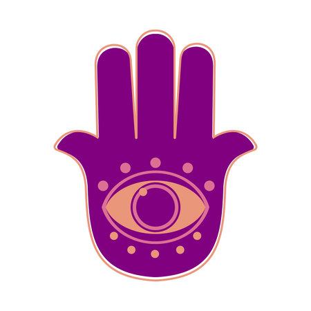 Hamsa purple Judaism icon on white background. Symmetrical shape with thumbs on both sides. The Muslim hamsa contains the image of the eye.の写真素材