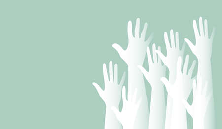 Hands of people of white transparent color of different nationalities and religions. Activists, feminists and other communities are fighting for equality. Blue background.の写真素材