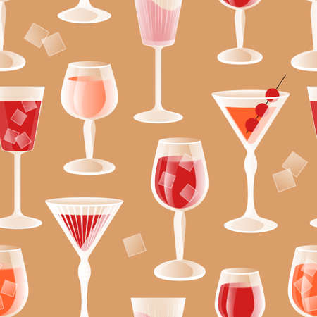 Alcohol drinks seamless pattern. Transparent wine glasses and glasses with wine, champagne and aperol. Bar festive collection.の写真素材