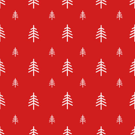 White Christmas trees on a red background. Festive Christmas seamless pattern for textiles, wrapping...