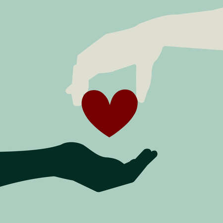 Charitable donation. A person shares money, time, health. A poster design in which the hand is giving its heart and support and the hand is receiving help.の写真素材
