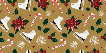 Skating. Christmas festive seamless pattern with holly berries, snowflakes, candy canes and...