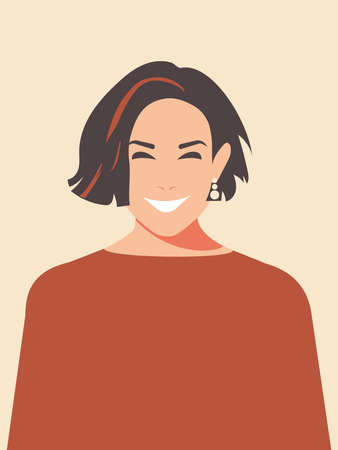 A beautiful woman with black short hair, a bob haircut and an earring in her ear laughs and feels happy, radiates joy and is mentally healthy. pastel pink background.の写真素材