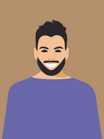 A stylish man with a beard, mustache and fashionable haircut with black short hair laughs and feels...