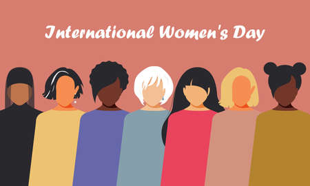 International Women's Day. Women of different nationalities and religions unite in the struggle for equal rights. Trendy modern stylish people on pink horizontal poster.の写真素材