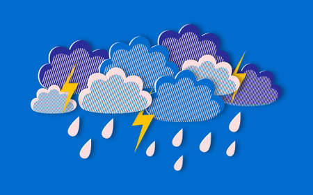 Rain clouds and lightning on blue background in paper cut style. Modern design of a weather forecast...