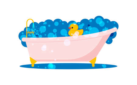 Yellow cute rubber duck swims in a pink bubble bath. Bathing and washing with toys.の写真素材