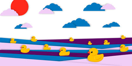Holiday National Rubber Duck Day. Yellow cute ducklings have water races and cheer up in paper cut style. water birds.の写真素材