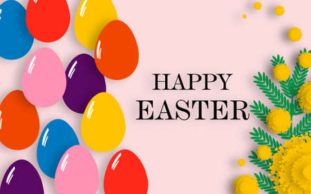 Happy Easter. Festive card with painted chicken eggs with a sprig of mimosa. Paper cut style design...