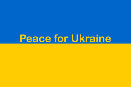 The flag of Ukraine is blue and yellow. horizontal national poster. Slogan Peace for Ukraine 2022. February 24, war.の写真素材