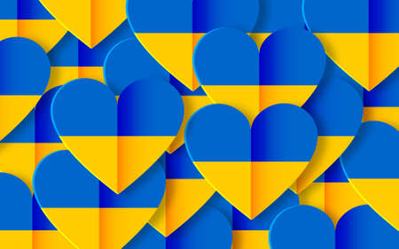 Modern poster design with hearts in national colors of Ukraine flag yellow and blue in paper cut style. I love my native Ukraine.の写真素材