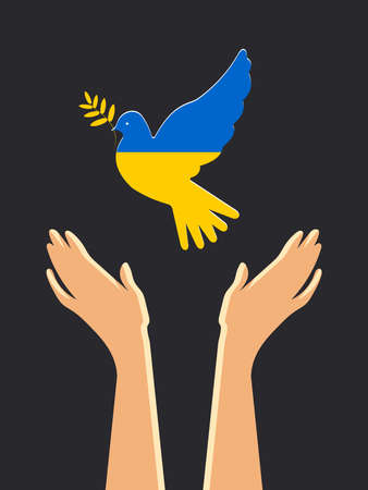 Vertical poster with a dove of peace and the hands of the Ukrainian people in the struggle for peace on a black background. Peace to Ukraine in the symbolic colors of the blue yellow flag.の写真素材