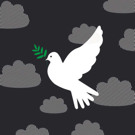The white dove of peace with a sprig flies in the gloomy sky among the clouds and gives hope and faith in victory and peace on the planet.の写真素材