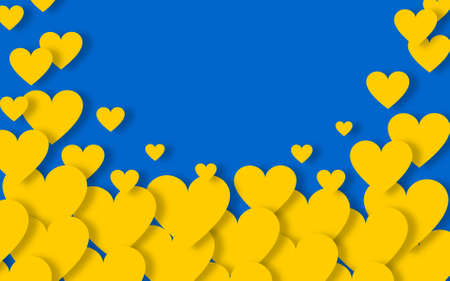 Modern poster design with yellow hearts on blue background in paper cut style with copyspace for text.の写真素材