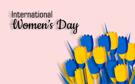 Yellow and blue tulips on a pink background. Greeting spring card with Women's Day in paper cut style. horizontal modern poster.の写真素材