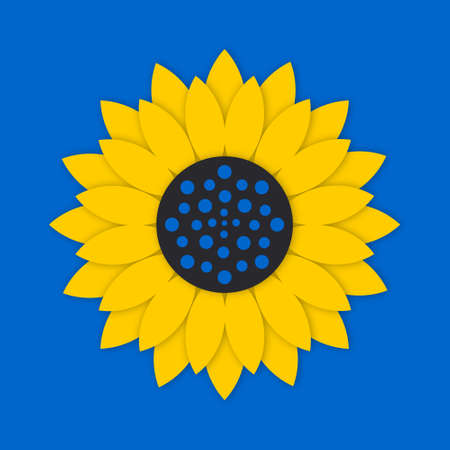 Yellow sunflower on blue background in paper cut style. The sunflower flower has become the official symbol of the Day of Remembrance of the Defenders of Ukraine.の写真素材